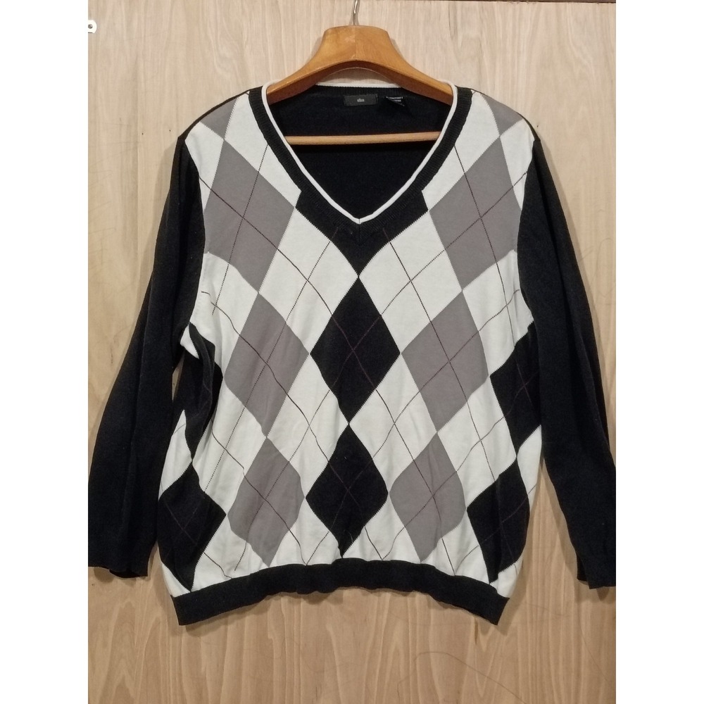 Ellos V Neck Sweater Mens XXL Black Gray White Argyle Diamond Knit Pullove.